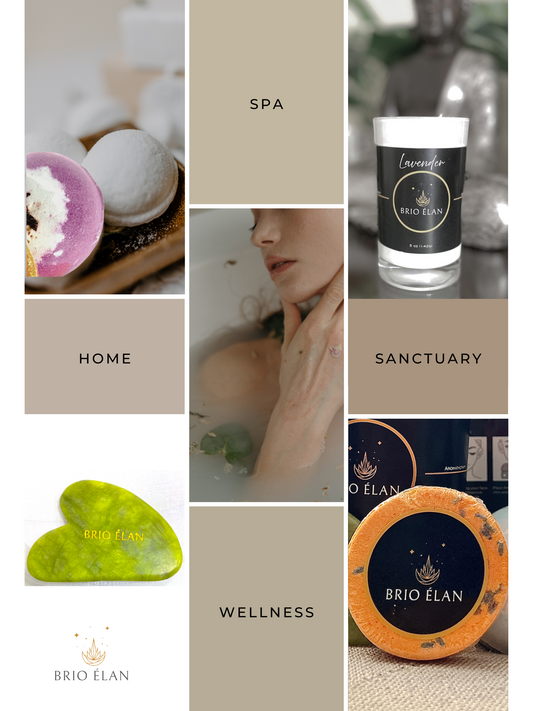 Bath bombs, Shower Steamers, Candle, a Jade green gua she, surrounding a woman relaxing in a bath.